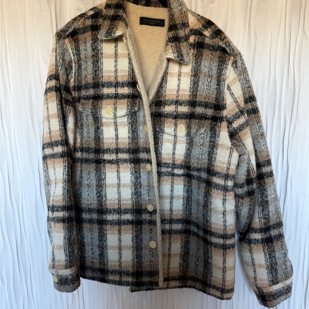 All Saints Plaid Jacket in Black, Gray, and Cream